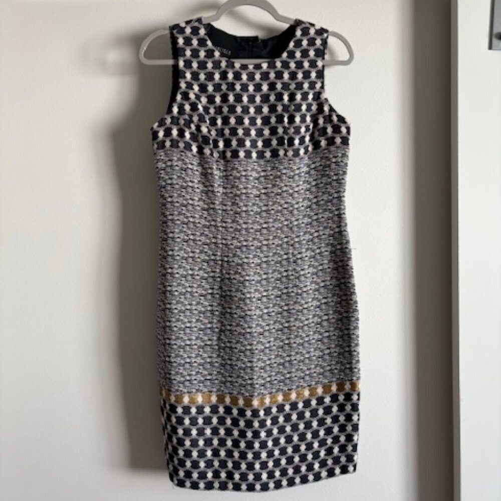 Carlisle Gold Shift Dress Quiet Luxury Designer Metallic Navy Sheath Office